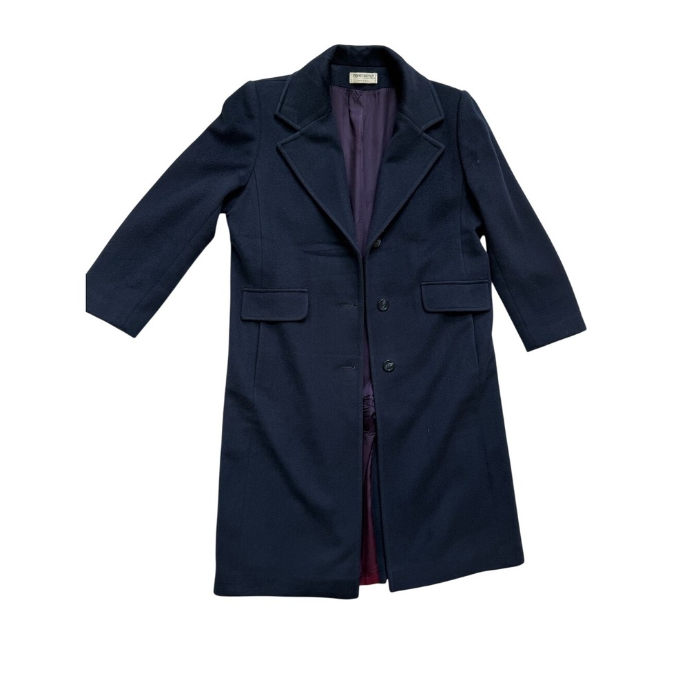 Vintage Navy Wool Blend Longline Overcoat Purple Lining Womens 11/12 Petite